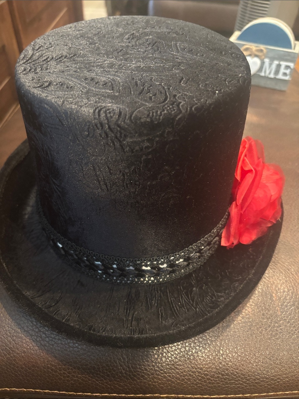 Black Top Hat with Red Flower Accent - Women or Men Accessory